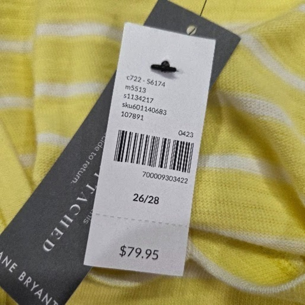 Lane Bryant Dress 26/28 Yellow White Stripe V-Neck Belted T-Shirt Dress Plus NWT - Picture 4 of 11
